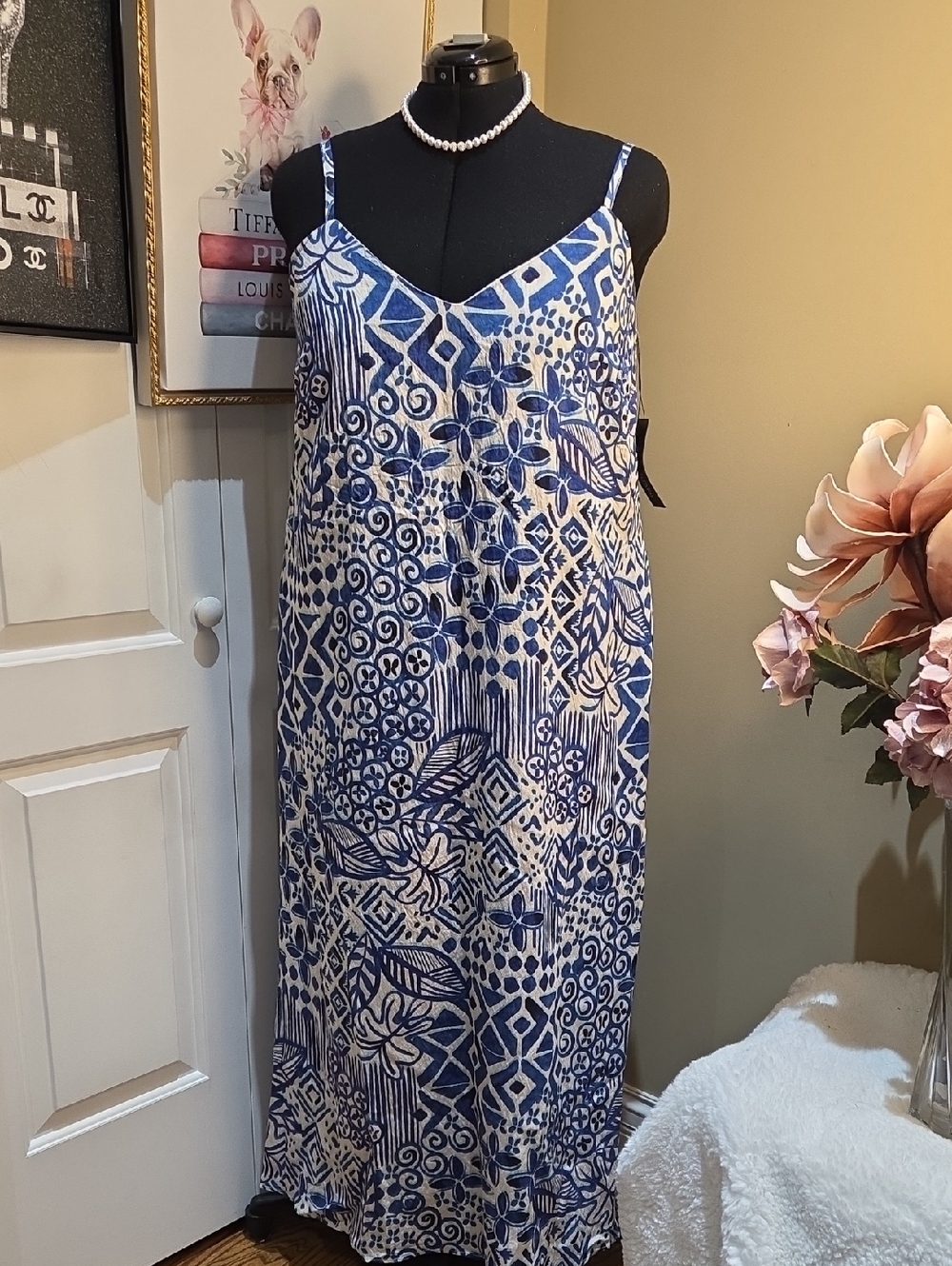 Nwt 1X & 2X Rachel Zoe Blue and White Printed Spaghetti-Strap Maxi Dress